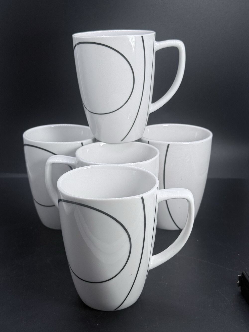 Set of 5 Corelle Simple Lines Porcelain Coffee Mugs White Black Coordinates